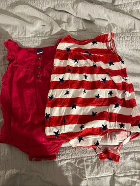 6-12 m Patriotic Red White Blue Star Baby Romper & Pink Button Romper - 2 Pack